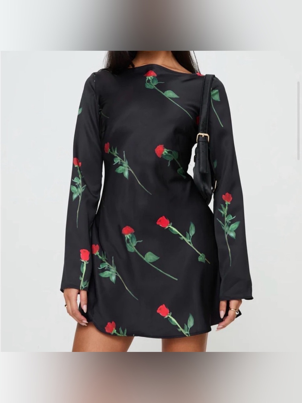 Princess Polly Black Mini Dress with Red Rose Print